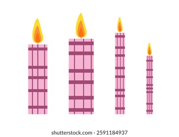 Festive candles set hand drawn flat vector illustration, colorful holiday celebration collection of decorated objects of different sizes for birthday, wedding, Christmas, any other purpose
