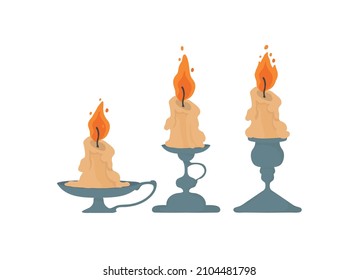 Festive candlesticks for a cozy home and interior. Romantic candles in metal candelabra. Vector colorful element on a white background. 
