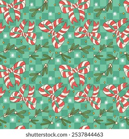 Festive Candy Cane Bow and Mistletoe Repeat Pattern Design