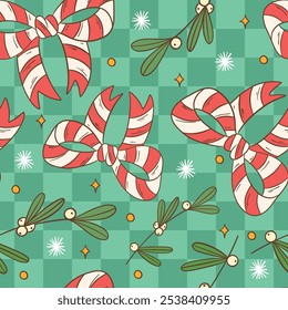 Festive Candy Cane Bow and Mistletoe Repeat Pattern Design