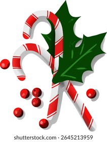 A festive candy cane decorated with mistletoe, symbolizing holiday cheer and seasonal celebration