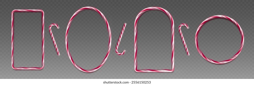 Festive candy cane designs in red and white stripes forming various shapes - rectangular, circular and arch frames on transparent background. Sweet caramel Christmas holiday decoration border.