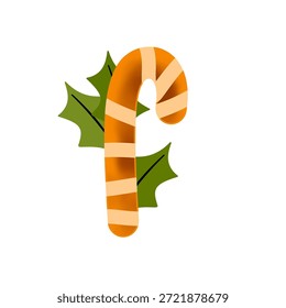 Ilustración festiva de bastón de caramelo. Bastón de caramelo de naranja envuelto en bandas de crema, adornado con hojas de acebo verde. Aislado en blanco. Temporada de Festiva, dulce, simple y alegre.