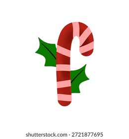Ilustración festiva de bastón de caramelo. Caramelo rayado rojo y blanco con hojas de acebo, aislado en blanco. Temporada de Festiva, Navidades, dulces, sencillos, alegres y decorativos.