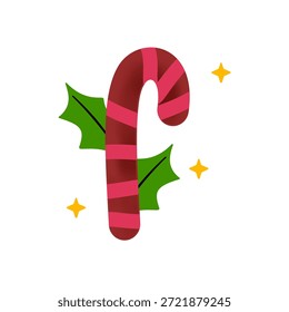 Ilustración festiva de bastón de caramelo. Caramelo a rayas rojas y rosadas con hojas de acebo y estrellas brillantes. Animación de Festiva, espíritu de las Navidades, diseño simple, aislado en blanco.