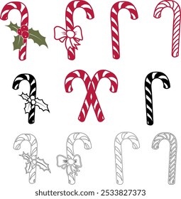 Festive Candy Cane Illustration Set. Sugar Sweets Designs With Holly Leaves And Bows. For Christmas And Holiday Decorations, Cards, and Seasonal Projects.