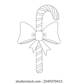 Festive candy cane with a large decorative bow, perfect for Christmas coloring activities. Ideal for both kids and adults.