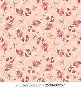 Festive Candy Cane Pattern with Pink Bows and Stars