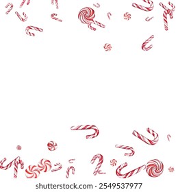 Festive candy cane and peppermint swirl on a white background. Perfect for holiday-themed designs, wrapping paper, and festive decorations. Vibrant red and white colors evoke the spirit of Christmas.