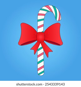 Festive candy cane with a red bow, perfect for holiday designs, Christmas decorations, and New Years Eve themes.