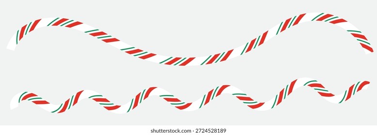 Festive candy cane ribbon borders. Decorative wavy ribbon borders in red, white, and green colors, inspired by candy cane stripes, ideal for Christmas and holiday design elements.