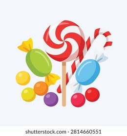 Festive candy illustration featuring large red and green spiral lollipops with wrapped sweets.