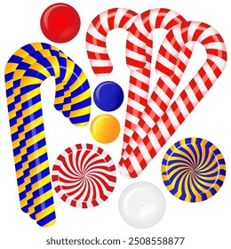 Festive candy illustration featuring striped candy canes and swirled lollipops in vivid colors. Perfect for holiday-themed designs, Christmas decorations, and sweet treats marketing.