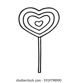 Festive candy in the shape of a heart. Lollipop for lovers. Isolated drawing on a white background. Doodle style outline. Vector.