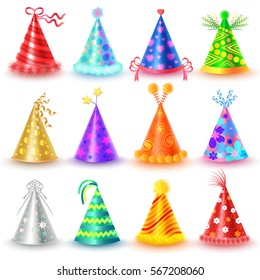 Festive caps collection for parties and celebrations holidays on white. Vector poster of colourful festive caps with straight and twisted ribbons, yellow ball, red heart. Decorative accessory hats