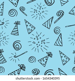 festive caps, fireworks, whistles hand drawn in doodle style seamless pattern