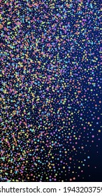 Festive captivating confetti. Celebration stars. Colorful stars dense on dark blue background. Grand festive overlay template. Vertical vector background.
