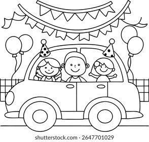 Passeio de carro festivo Uma celebração de aniversário com balões Streamers e crianças sorridentes Desfrutando de um passeio alegre em um veículo decorado