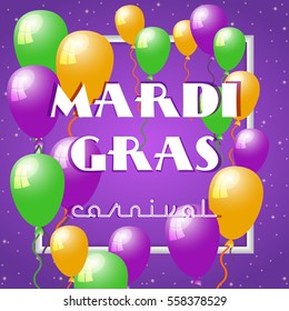 Festive card with air balloons for Mardi Gras spring carnival on dark violet background with sparkles. Fat Tuesday holiday banner. Vector illustration