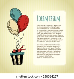 Festive card with a balloon, a gift and a text box. Vector illustration
