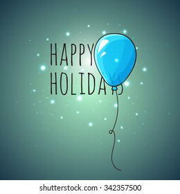 Festive card with blue balloons. Departing spheres. Holiday banner on dark background and lighting effects