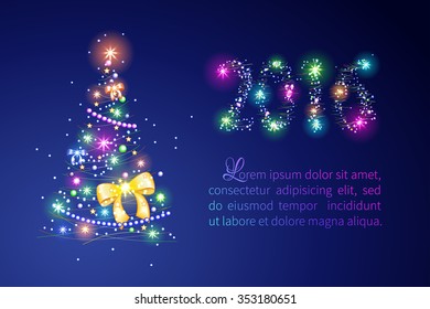 Festive card with bright shining lights of the Christmas tree and the inscription in 2016 on a dark blue background with a place for the congratulatory text