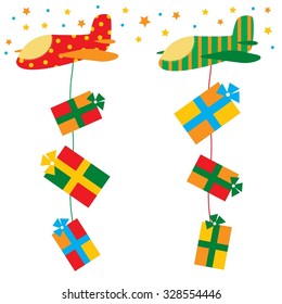 Festive card with brightly colored planes and gifts. Plane flies and carries boxes with gifts.