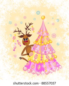 Festive card cartoon. Christmas tree and Reindeer, vector