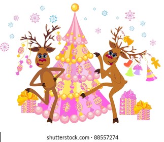 Festive card cartoon. Christmas tree and Reindeer, vector