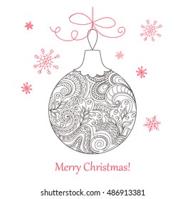 Festive card with Christmas ball, decorated hand drawn doodle tangled flowers and snowflake, isolated on the white and text Merry Christmas. Image can use for adult coloring books. eps 10