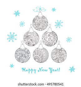 Festive card with Christmas balls, decorated hand drawn doodle tangled flowers and snowflake, isolated on the white and text Happy New Year. Image can be used for adult coloring books. eps 10