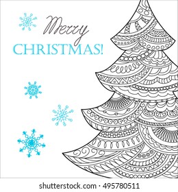 Festive card with Christmas tree decorated hand drawn doodle tangled shapes and snowflake, isolated on the white and text Merry Christmas. Image can be used for adult coloring books. eps 10