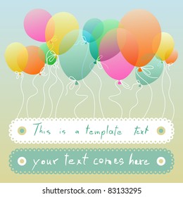 festive card with colorful balloons floating and lacy labels