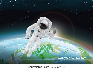 Festivalkarte für Cosmonautics-Tagesgrafie. Vektorgrafik des fliegenden Kosmonauten in weißem Anzug im Weltraum. Dunkler Himmel mit hellen Sternen und brennenden Kometen. Teil des Planeten Erde auf dem Hintergrund.