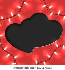Festive card with couple paper cut heart shapes merged together, bright garland and empty space for your art. Suitable for Valentine's day, Woman's day, Mother's on red background. Vector illustration