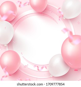 Diseño de tarjetas festivas con marco blanco, globos rosados y blancos, cayendo confetti sobre fondo color rosa. Diseño para la fiesta del Día de la Mujer, Día de la Madre. Plantilla de cumpleaños, aniversario, boda, pancarta