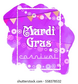 Festive card with garlands of flags and beads for Mardi Gras spring carnival on watercolor splash background. Fat Tuesday holiday banner. Vector illustration