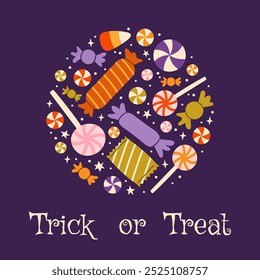 Tarjeta festiva para Halloween. Truco o trato con varios caramelos dibujados a mano en forma redonda sobre fondo violeta. Ilustración plana. Plantilla para portada, etiqueta, invitación.