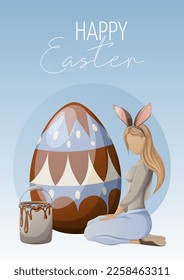 Festive card for Happy Easter. A girl in a headband with bunny ears sits near a large colorful egg with a bucket of paint. Painting process. Vector illustration for poster, banner, website, postcard