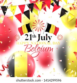 Festive card for happy national Belgium day. Vector illustration with realistic air balloons colored in Belgium flags. Holiday background with color serpentine, confetti and garlands.