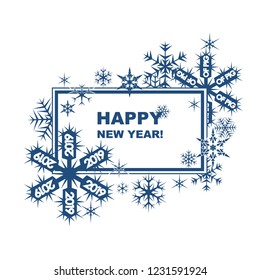 Festive card "Happy New Year 2019" of blue snowflakes on a white background