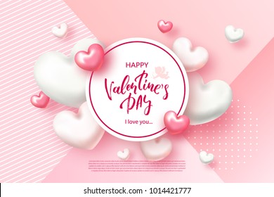 Festive Card for Happy Valentine's Day. Background with Realistic Hearts, confetti. Vector Illustration