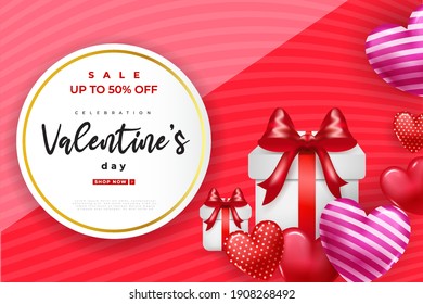 Festive Card for Happy Valentine's Day. Background with 3d Realistic Hearts and gift box .