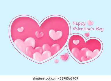 Festive Card for Happy Valentine's Day. Background with Realistic Hearts, confetti. Vector Illustration