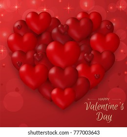 Festive Card for Happy Valentine's Day. Beautiful Background with Realistic Red  Hearts and Confetti. Vector Illustration.