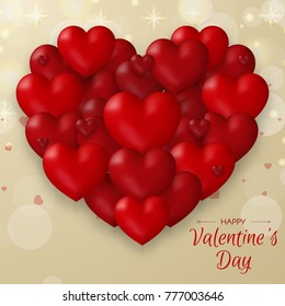 Festive Card for Happy Valentine's Day. Beautiful Background with Realistic Red  Hearts and Confetti. Vector Illustration.