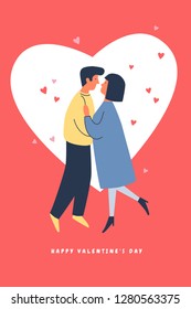 Festive card with heart for Valentine's Day on February 14. Meeting young people on Valentine's Day. Vector flat illustration.