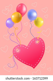 festive card with hearts hanging on the balls. vector illustrator