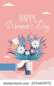 Festive card International Women's Day, Women's Month. Beautiful delicate bouquet of spring wild flowers in hand. Vector flat illustration on a delicate pink background