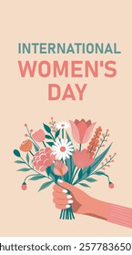 Festive card International Women's Day, Women's Month. Spring bouquet of wild flowers in a woman's hand. Vector flat illustration with space for text on a delicate beige background